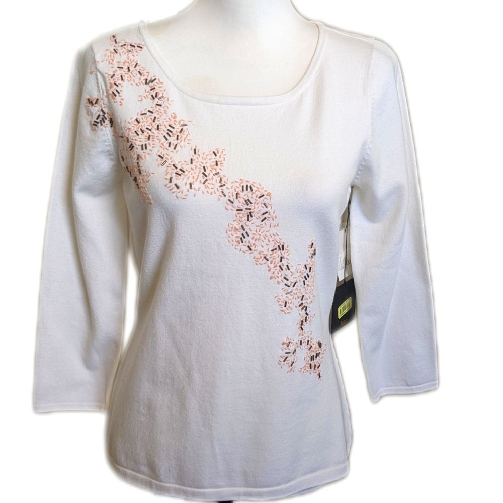 Reba NWT Feminine Mystique Silk White fine knit sweater w/ beading, size S
